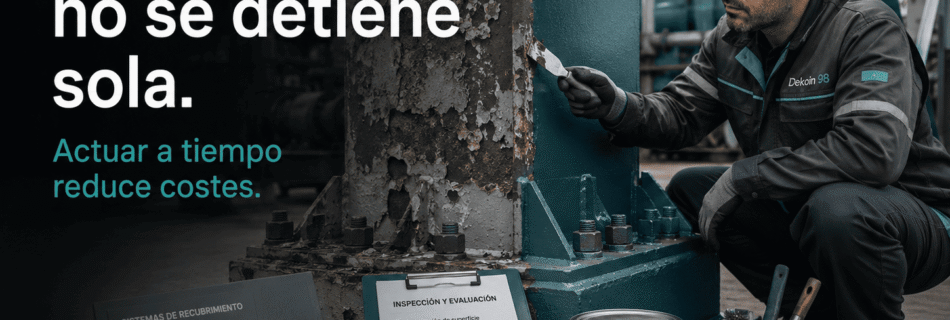 Técnico industrial inspeccionando una estructura metálica con corrosión y pintura deteriorada durante un trabajo de mantenimiento correctivo.