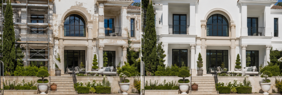 Antes y después de la rehabilitación de la fachada de una villa de lujo en Marbella realizada por Dekoin 98.