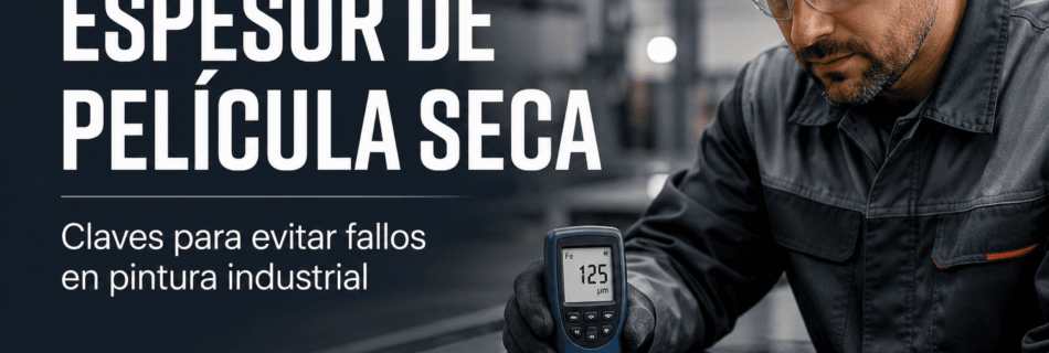 Técnico industrial midiendo el espesor de película seca sobre una superficie metálica pintada con un medidor digital de micras.