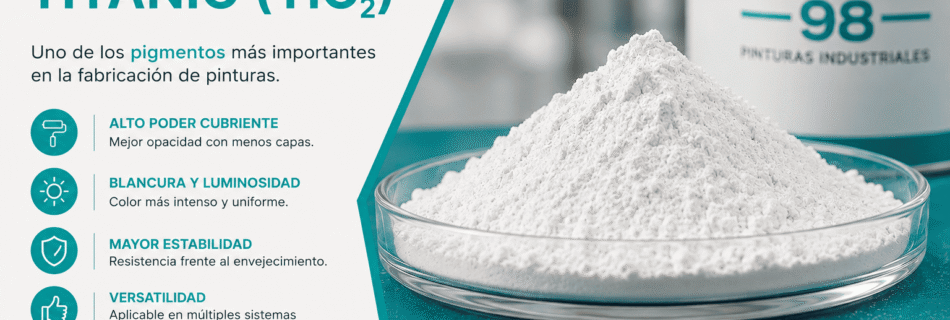 Infografía de Dekoin 98 sobre el dióxido de titanio (TiO₂), mostrando un recipiente con pigmento blanco y una pintura industrial de fondo. La imagen explica que el dióxido de titanio proporciona alto poder cubriente, blancura, estabilidad y versatilidad en la fabricación de pinturas industriales.